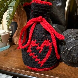 Handcrafted Black and Red Crochet Drawstring Bag..